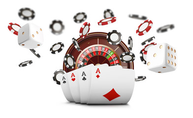 Playing cards and poker chips fly casino. Casino roulette concept on white background. Poker casino  illustration. Red and black realistic chip in the air. Gambling poker mobile app icon.