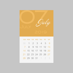 Calendar 2019 months July. Week starts Sunday