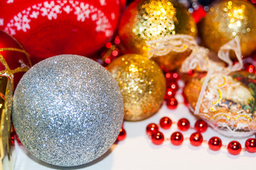  beautiful toys on the Christmas tree, balls on the Christmas tree, closeup