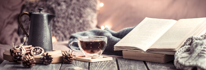 home comfort, details of the festive interior on a wooden table