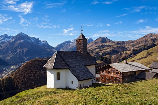 Walser settlement Burstegg with listed catholic church, Lech am Arlberg, Vorarlberg, Austria, Europe