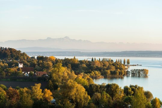 View of Lake Constance, in the back Swiss Alps with Santis, Uhldingen-Muhlhofen, Lake Constance, Baden-Wurttemberg, Germany, Europe