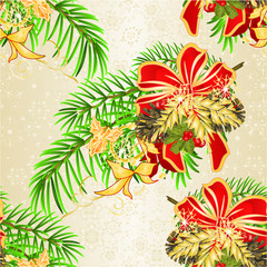 Seamless texture Christmas and New Year decorative christmas  spruce tree bow festive poinsettia  and bow and pine cones holiday image for design vintage vector illustration editable hand draw