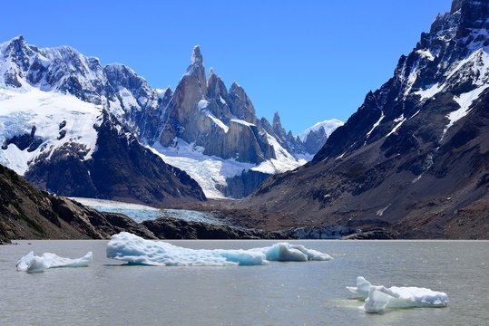 Laguna Torre with Cerro Torre and Cerro Adela with glacier, Los Glaciares National Park, El Chalten, Province of Santa Cruz, Argentina, South America