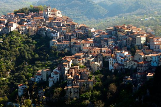 Mountain village Rivello in front of Monte Sirino, Basilicata, Province of Potenza, Italy, Europe