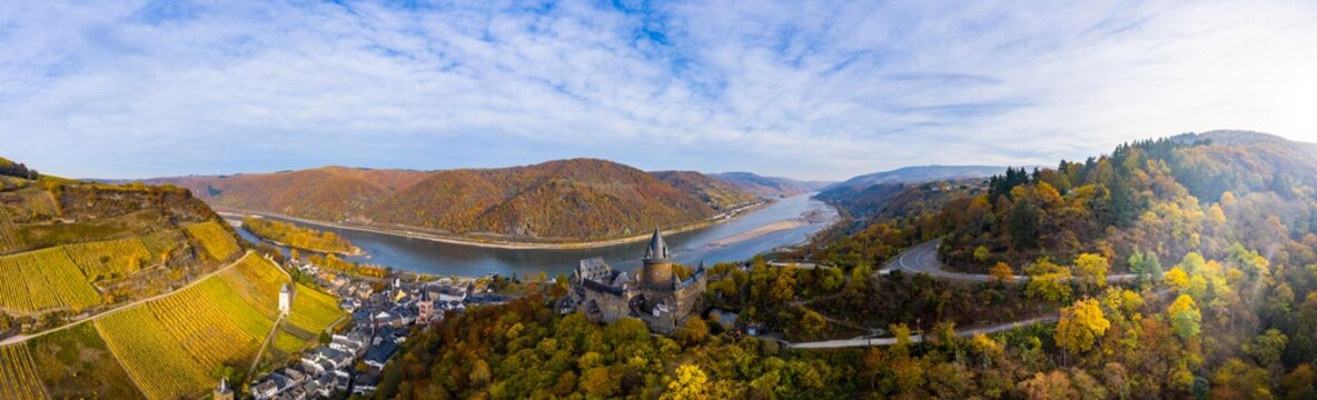 Drone shot, castle of Stahleck, Bacharach, Upper Middle Rhine Valley, Rhineland-Palatinate, Germany, Europe