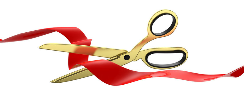 Scissors cutting red silk ribbon isolated cutout against white background, banner. 3d illustration