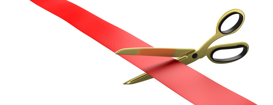 Scissors cutting red silk ribbon isolated cutout against white background, banner. 3d illustration