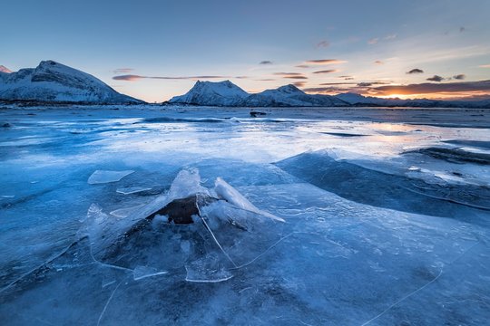 Frozen fjord with broken ice, ice landscape, Gimsoy, Lofoten, Norway, Europe