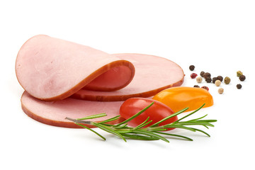 Fresh Cooked Ham with herbs, spices and tomatoes, isolated on a white background. Close-up