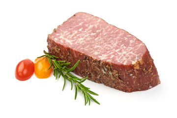 Jerked Marbled meat Black Angus Steak Ribeye with herbs and tomatoes, isolated on a white background. Close-up
