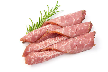 Jerked Marble Pork Slices with herbs, isolated on a white background. Close-up