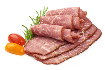 Premium Japanse Marble Meat with herbs and tomatoes, isolated on a white background. Close-up