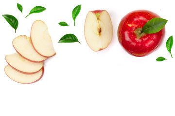 red and green apples with slices and leaves isolated on white background with copy space for your text, top view