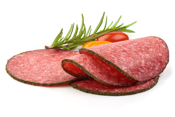 Thinly Sliced Salami with herbs and tomatoes, isolated on a white background. Close-up