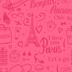 Seamless pattern Abstract girly design. Eiffel Tower with sketch fashion illustrations. Vector Pink background. I love you Paris