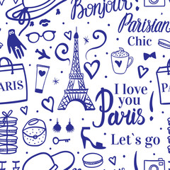 Paris Fashion sketch seamless pattern with lettering, type elements parisian chic. Vector blue handdrawn on white background. - 237623764