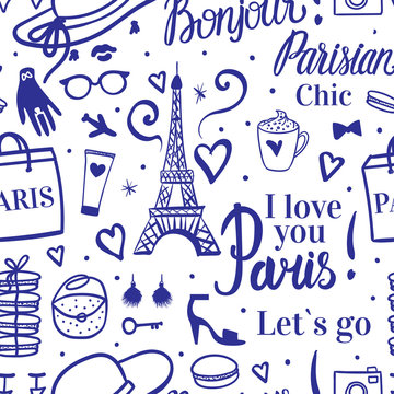 Paris Fashion sketch seamless pattern with lettering, type elements parisian chic. Vector blue handdrawn on white background.