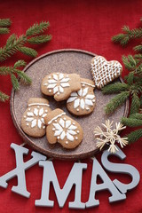 New Year or Christmas background. The text "xmas" and spicy ginger biscuits.