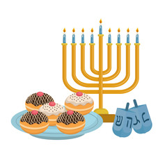 dreidel hanukkah with candlestick and donuts
