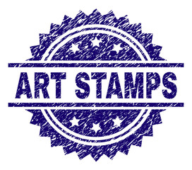 ART STAMPS stamp seal watermark with distress style. Blue vector rubber print of ART STAMPS title with scratched texture.