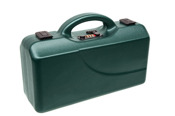 Green pistol case with gold combination locks isolated on white