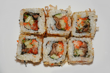 sushi, food, rice, japanese, fish, roll, salmon, maki, meal, seafood, white, dinner, japan, isolated, gourmet, asia, cuisine, traditional, healthy, plate, seaweed, delicious, raw, sashimi, appetizer