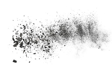 Black charcoal dust, gunpowder isolated on white background and texture, top view