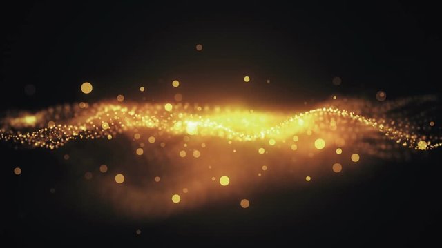 The perfect movement of the gold background. Golden sun dust of the universe with stars on a black background. Motion of abstract particles. VJ Seamless loop 3d animation.