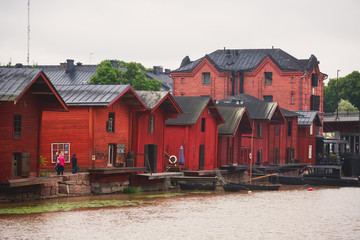 View of Porvoo old town with red wooden sheds, Borga, a city and a municipality situated on the southern coast of Finland approximately 50 kilometres (30 mile) east of Helsinki, Finland