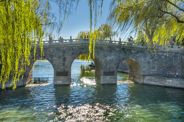Bridge Green Willows Reflection Beihai Lake Park Beijing China