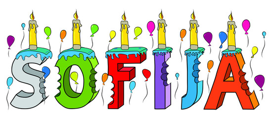 Sofija female first name bitten colorful 3d lettering birthday cake with candles and balloons