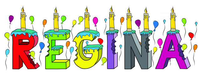 Regina female first name bitten colorful 3d lettering birthday cake with candles and balloons