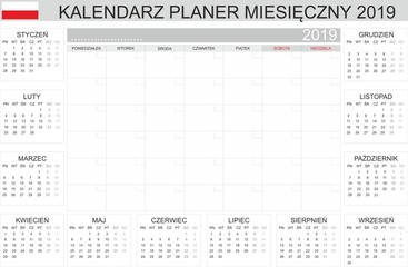 Polish Calendar 2019, Kalendarz polski 2019, monthly planning, Polish calendar template for year 2019, set of 12 months,  printable calendar vector illustration