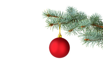 Obraz na płótnie Canvas Red Christmas ball hanging on silver fir tree branches over white background. Christmas card.