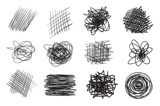 Hand drawn lines on isolated background. Chaotic textures with hatching. Wavy tangled backdrops. Black and white illustration. Elements for posters and flyers