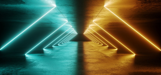 Sci Fi Abstract Futuristic Modern Dark Empty Grunge Textured Concrete Long Corridor Tunnel With Triangle  Neon Led Laser Tube Light Lines Glowing Orange And Blue With Reflections 3D Rendering - obrazy, fototapety, plakaty