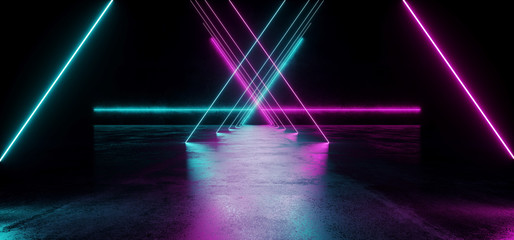 Triangle Shaped Sci Fi Futuristic Modern Vibrant Glowing Neon Purple Pink Blue Laser Tube Lights In Long Dark Empty Grunge Texture Concrete Tunnel Background 3D Rendering