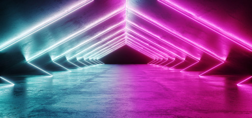 Abstract Shaped Sci Fi Futuristic Modern Vibrant Glowing Neon Purple Pink Blue Laser Tube Lights In Long Dark Empty Grunge Texture Concrete Tunnel Background 3D Rendering - obrazy, fototapety, plakaty