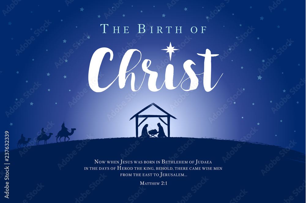 Wall mural Merry Christmas, birth of Christ banner. Nativity scene of baby Jesus in the manger with Mary and Joseph in silhouette, surrounded by star, three wise men on camels and bible text. Vector illustration