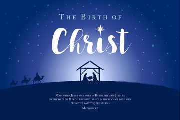 Obraz premium Merry Christmas, birth of Christ banner. Nativity scene of baby Jesus in the manger with Mary and Joseph in silhouette, surrounded by star, three wise men on camels and bible text. Vector illustration