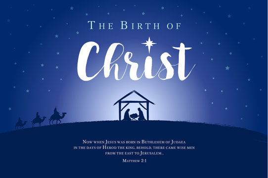 Merry Christmas, birth of Christ banner. Nativity scene of baby Jesus in the manger with Mary and Joseph in silhouette, surrounded by star, three wise men on camels and bible text. Vector illustration