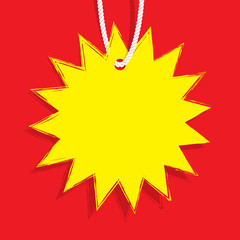 Yellow blank price tag sun shape website banner heading design on red background vector for promotion banner or poster. Sale and Discounts Concept.