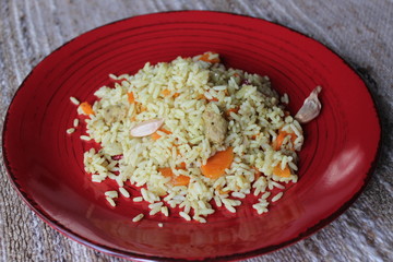 Plov. Vegan fresh tasty dish. rise with carrot, soya meat and garlic.