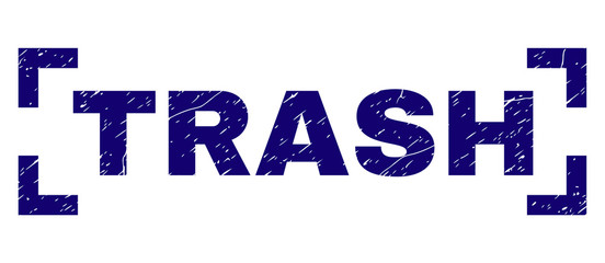 TRASH tag seal print with distress style. Text tag is placed between corners. Blue vector rubber print of TRASH with corroded texture.