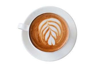 Top view of coffee latte cup on white background