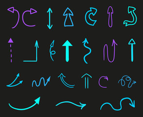 Hand drawn infographic elements on black. Abstract arrows. Line art. Right and left direction pointers. Doodles for banners, posters, flyers and textiles