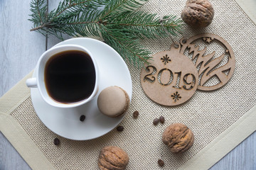 Christmas gift box with homemade gingerbread cookies, nuts and chocolates. Winter holidays, New Year or Christmas concept. Top view, holidays flat lay