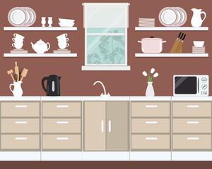 Fragment of the kitchen interior in a brown color. There is a microwave, kettle, saucepan, plates, cups, knives and other kitchen tools in the picture. There is also vase with tulips here. Vector 