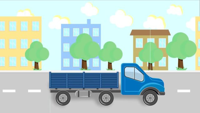 Truck rides through the city. Rendering illustration set